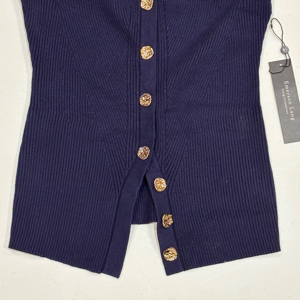 Emerson Lang Navy Blue Strapless Knit Ribbed Top, Gold Buttons, NWT, Medium - Picture 3 of 5